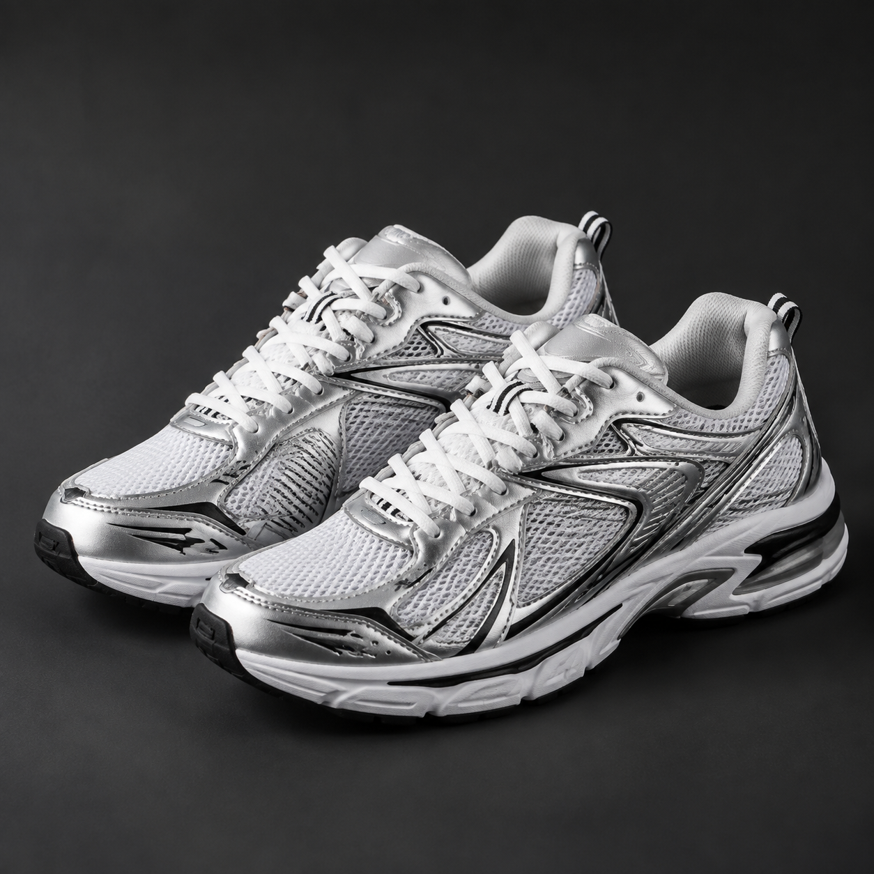 Illustrative silver and white technical sneakers on a dark studio background